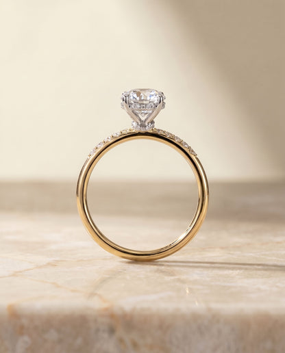 Abbey Select Hidden Halo Pavé Round Lab Diamond Engagement Ring in 18K Yellow Gold, side view | RockHer