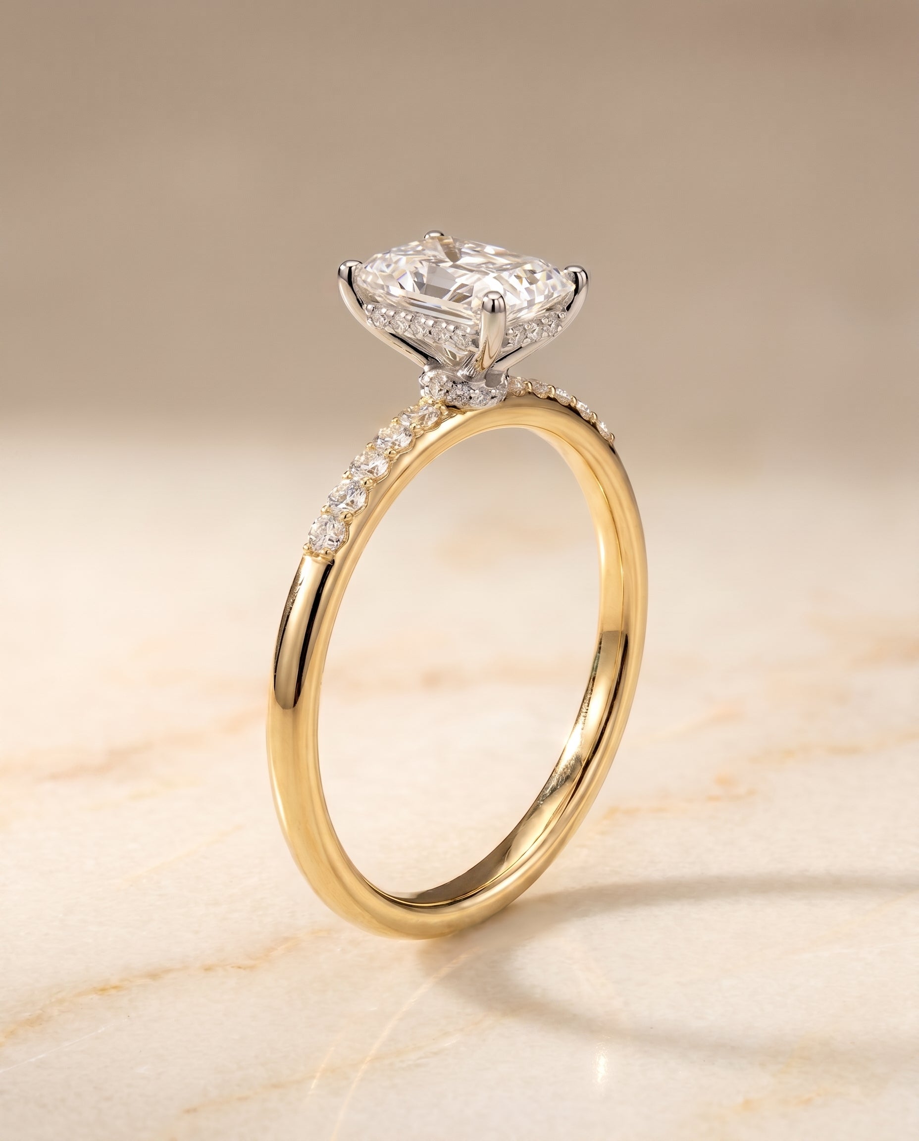 Hidden Halo Pavé Cut styling on The Abbey radiant engagement ring setting | RockHer