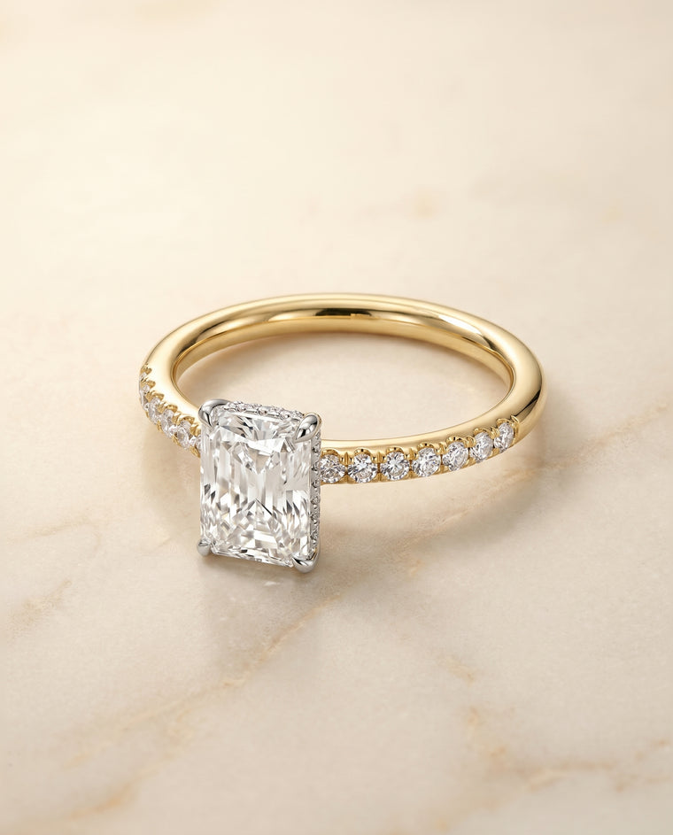 The Abbey Hidden Halo Pavé Radiant Cut Engagement Ring Setting in 18K Yellow Gold