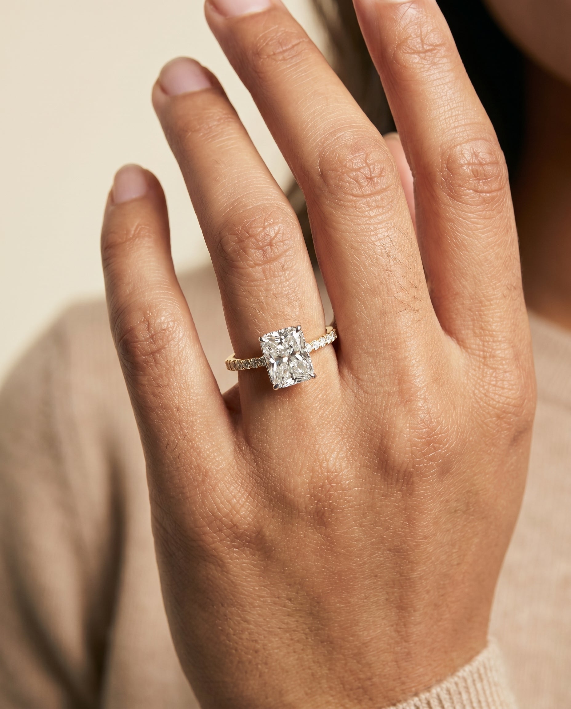 The Abbey engagement ring setting in 18K Yellow Gold, hidden halo pavé cut design | RockHer
