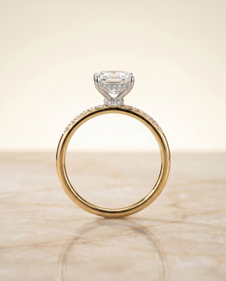 The Abbey Hidden Halo Pavé Radiant Cut Engagement Ring Setting in 18K Yellow Gold