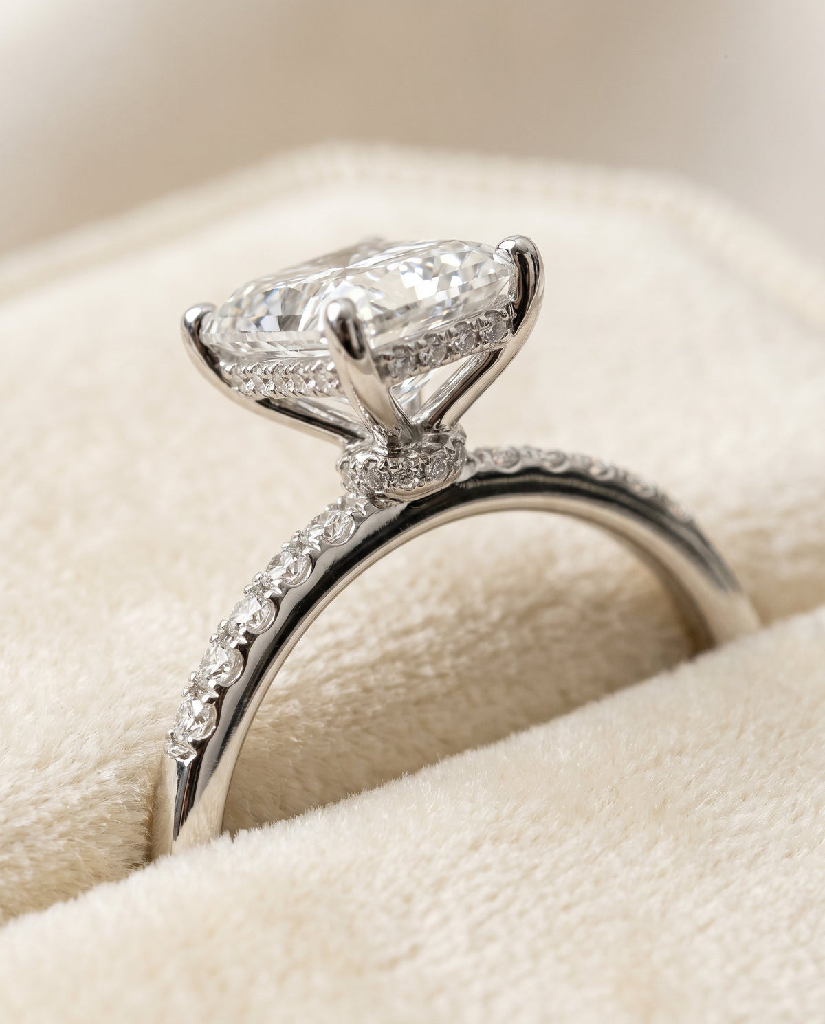 Abbey Select Hidden Halo Pavé Radiant Cut Lab Diamond Engagement Ring in Platinum, detail view | RockHer