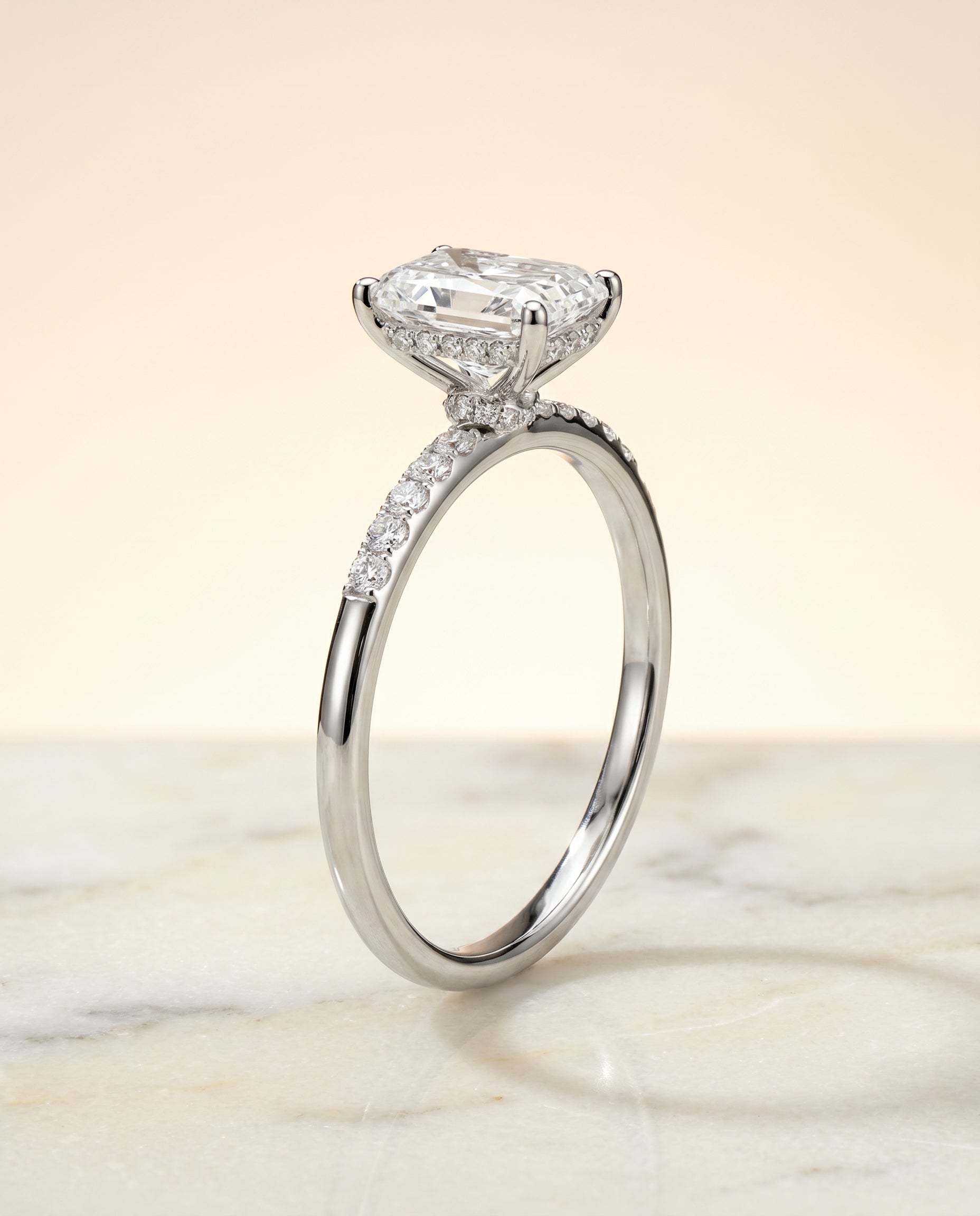 Hidden Halo Pavé Cut styling on The Abbey radiant engagement ring setting | RockHer