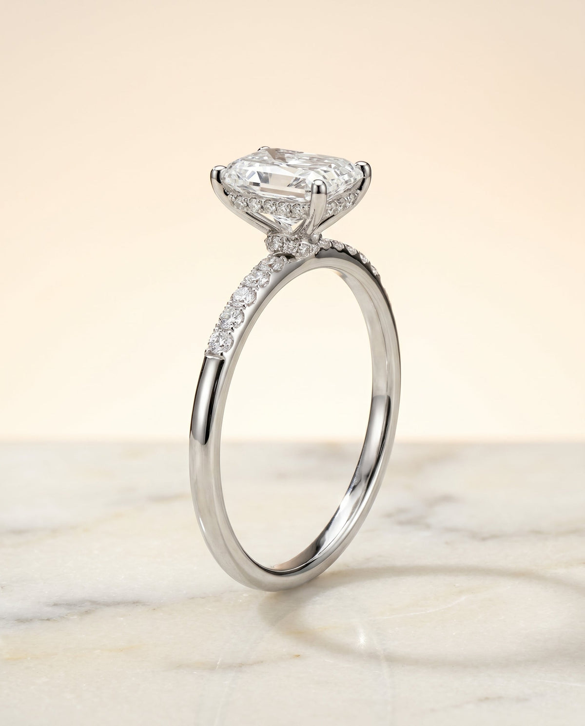 Abbey Select Hidden Halo Pavé Radiant Cut Lab Diamond Engagement Ring in 18K White Gold, front view | RockHer