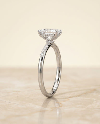 Abbey Select Hidden Halo Pavé Radiant Cut Lab Diamond Engagement Ring in 18K White Gold, side view | RockHer