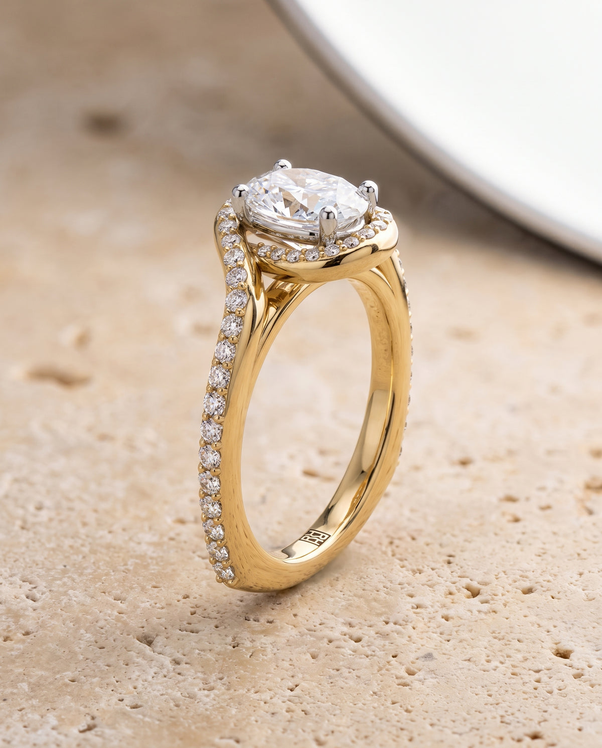Oval engagement ring setting in 18K Yellow Gold, Adelaide Pavé Swirl Halo Oval, alternate view | RockHer