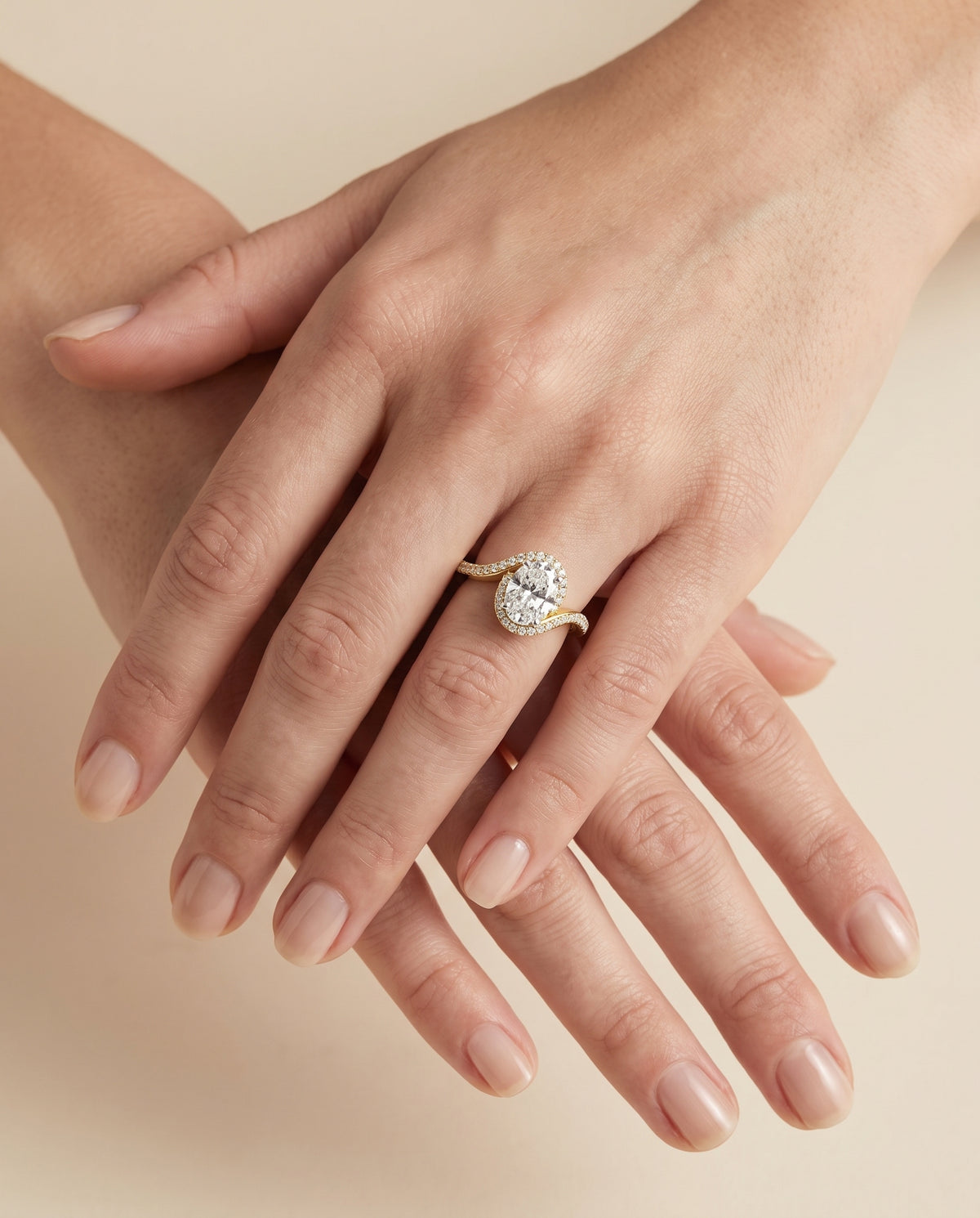 Oval engagement ring setting in 18K Yellow Gold, Adelaide Pavé Swirl Halo Oval, alternate view | RockHer