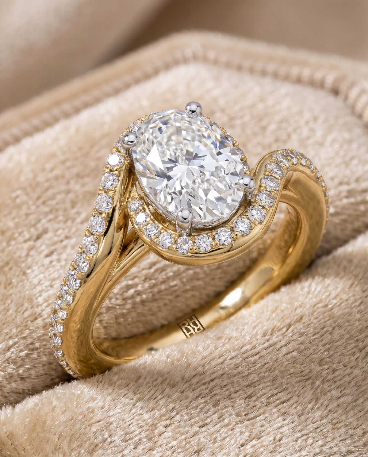 Oval engagement ring setting in 18K Yellow Gold, Adelaide Pavé Swirl Halo Oval, alternate view | RockHer