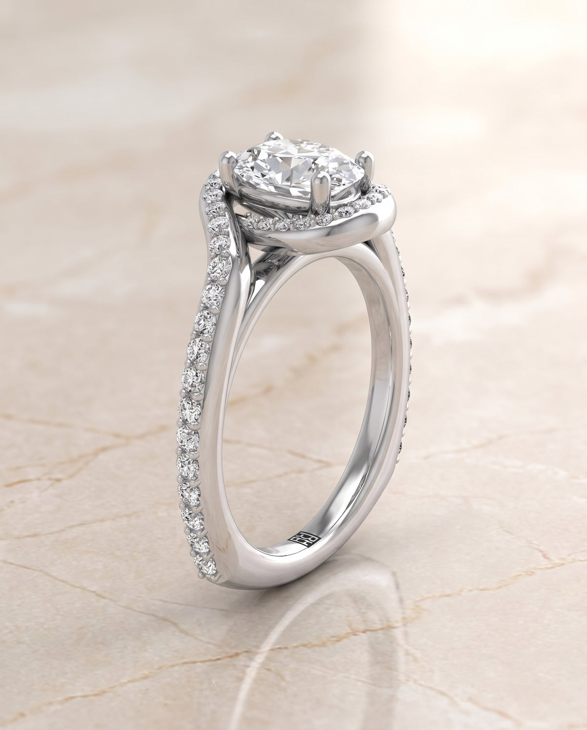 The Adelaide Pavé Swirl Halo Oval Engagement Ring Setting in Platinum