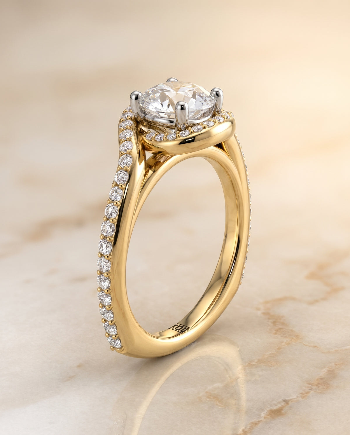 The Adelaide Pavé Swirl Halo Round Engagement Ring Setting in 18K Yellow Gold