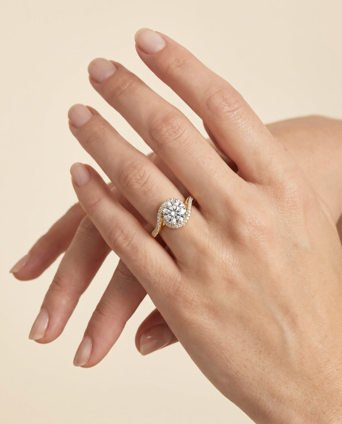 The Adelaide Pavé Swirl Halo Round Engagement Ring Setting in 18K Yellow Gold