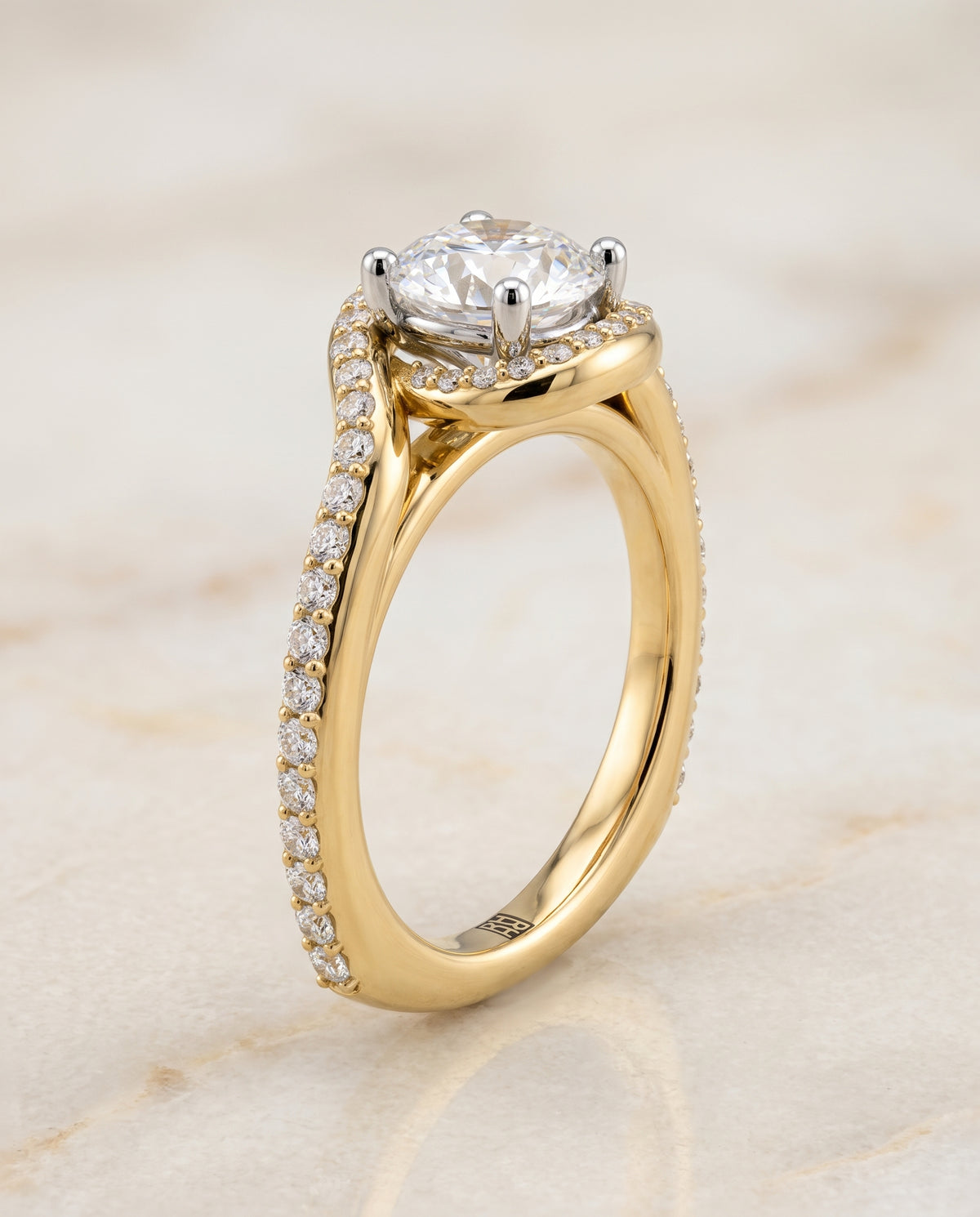 The Adelaide Pavé Swirl Halo Round Engagement Ring Setting in 18K Yellow Gold