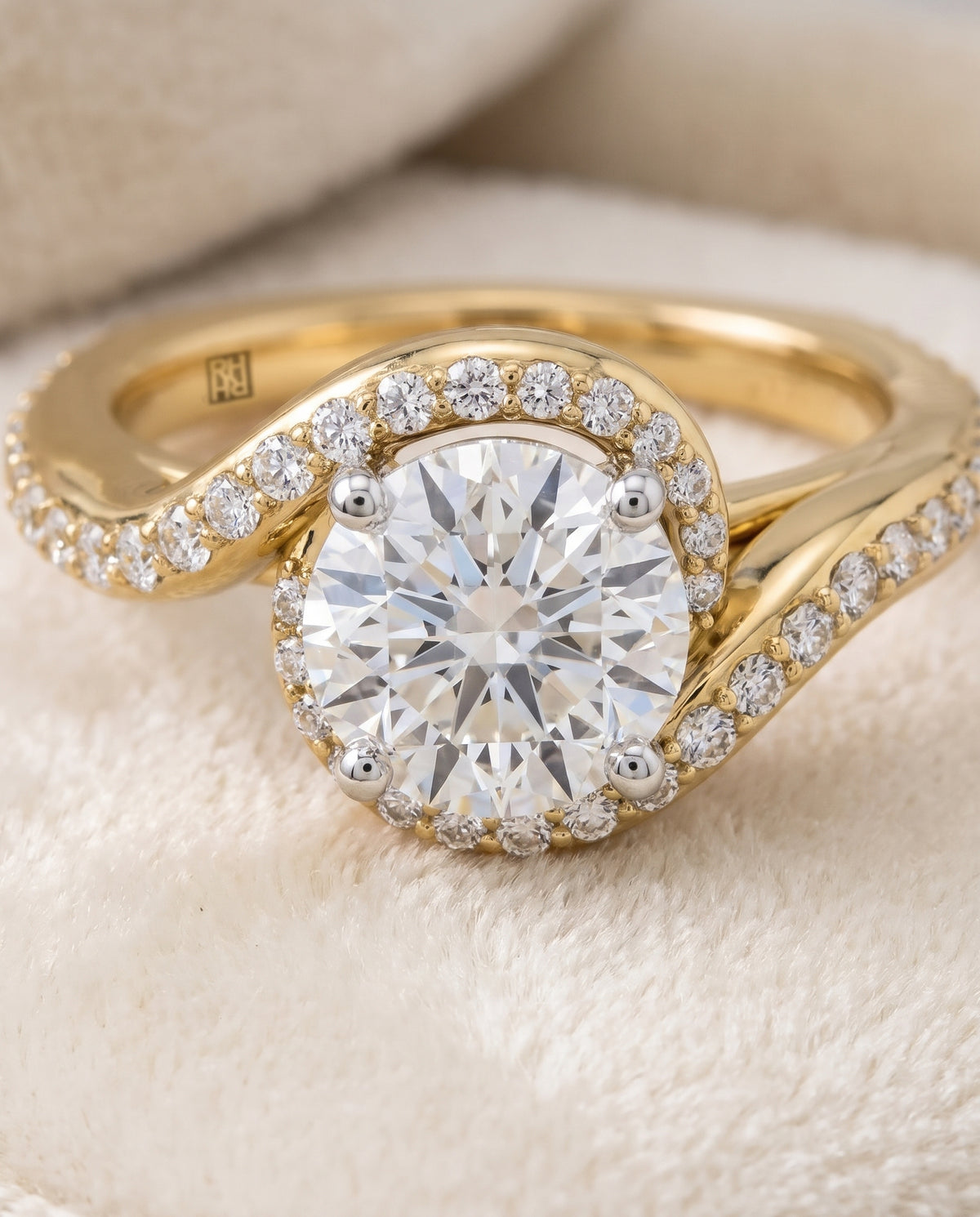 The Adelaide Pavé Swirl Halo Round Engagement Ring Setting in 18K Yellow Gold