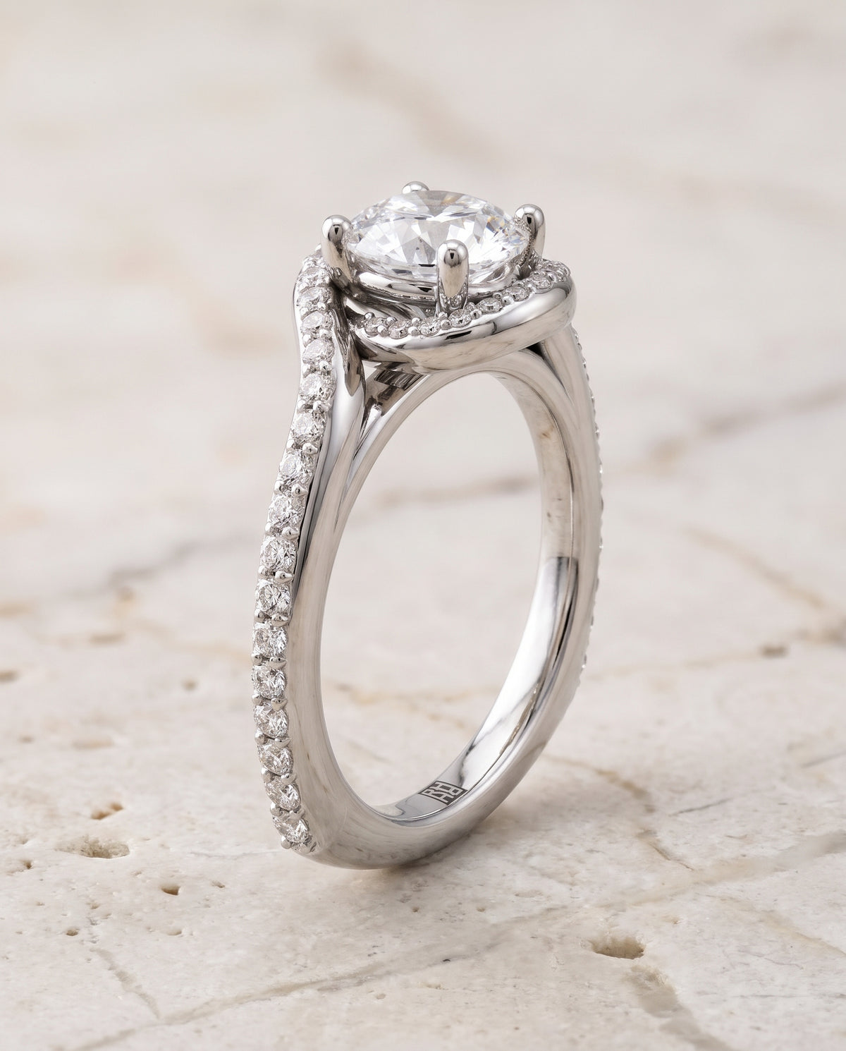 The Adelaide Pavé Swirl Halo Round Engagement Ring Setting in Platinum