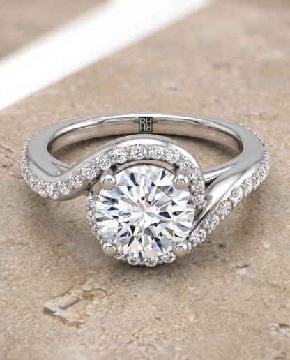 The Adelaide Pavé Swirl Halo Round Engagement Ring Setting in Platinum