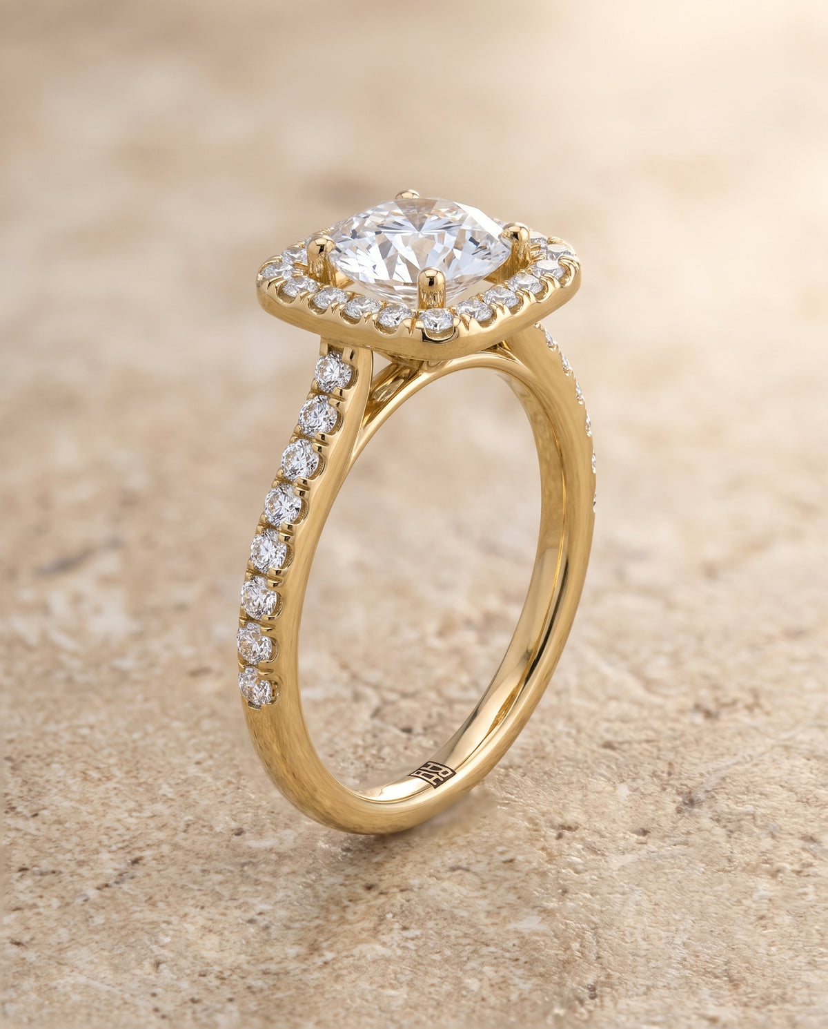 The Adriana Cathedral Pavé Halo Round Engagement Ring Setting in 18K Yellow Gold