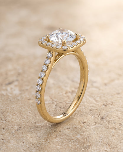 The Adriana Cathedral Pavé Halo Round Engagement Ring Setting in 18K Yellow Gold