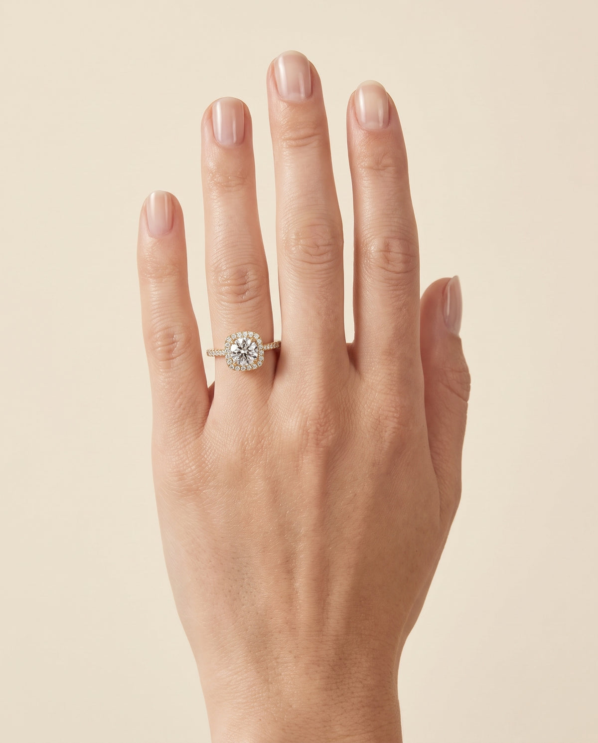 The Adriana Cathedral Pavé Halo Round Engagement Ring Setting in 18K Yellow Gold
