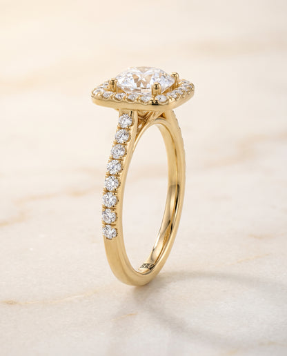 The Adriana Cathedral Pavé Halo Round Engagement Ring Setting in 18K Yellow Gold