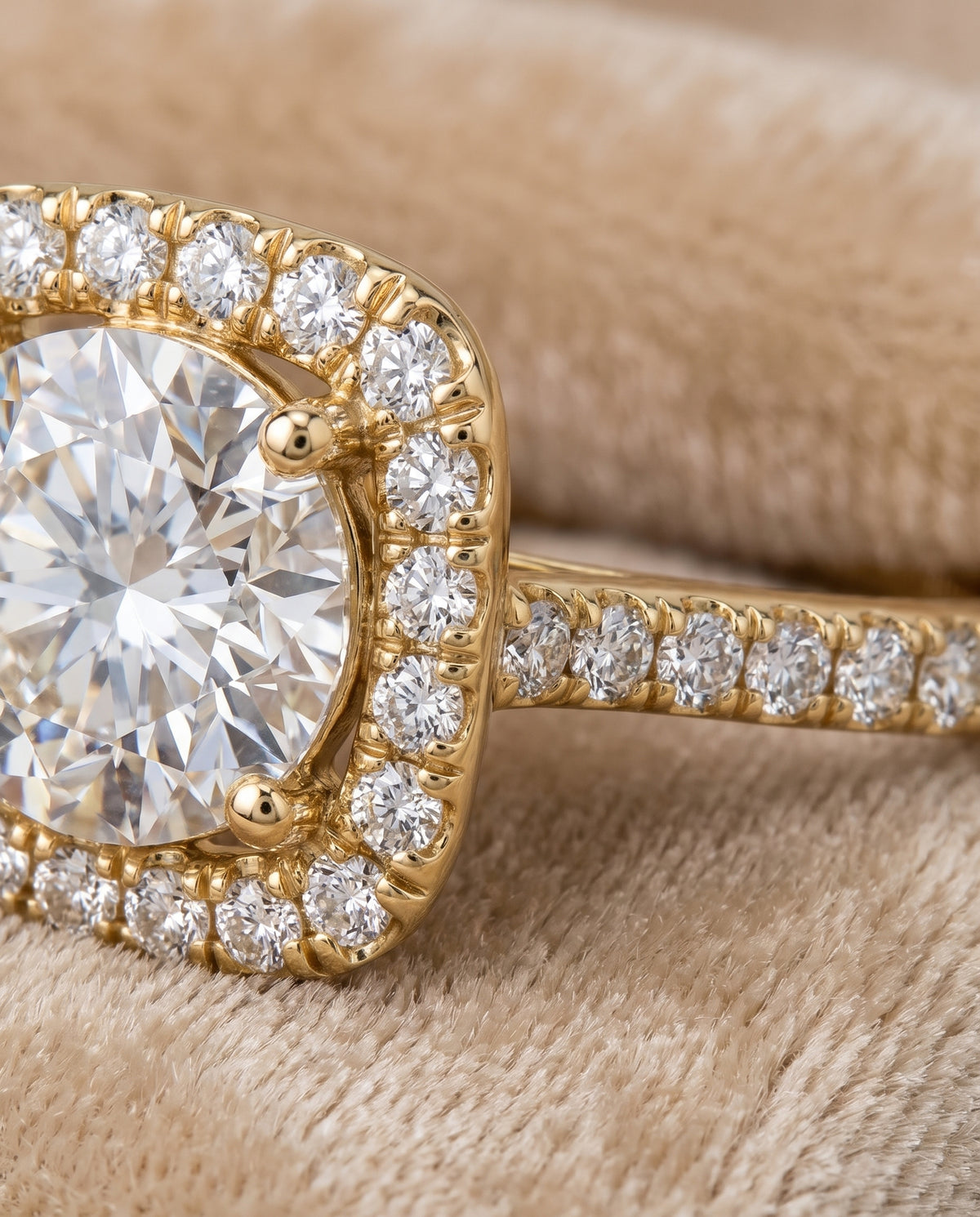 The Adriana Cathedral Pavé Halo Round Engagement Ring Setting in 18K Yellow Gold