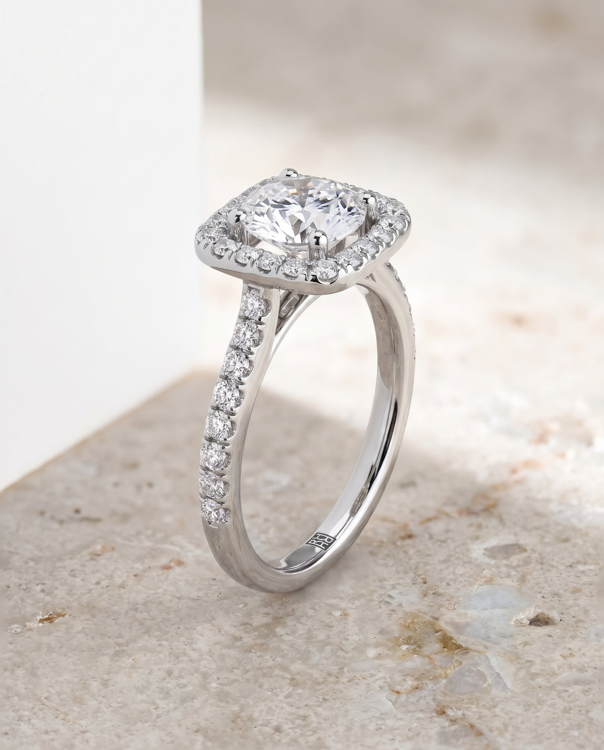 The Adriana Cathedral Pavé Halo Round Engagement Ring Setting in Platinum