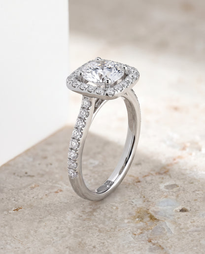 The Adriana Cathedral Pavé Halo Round Engagement Ring Setting in Platinum