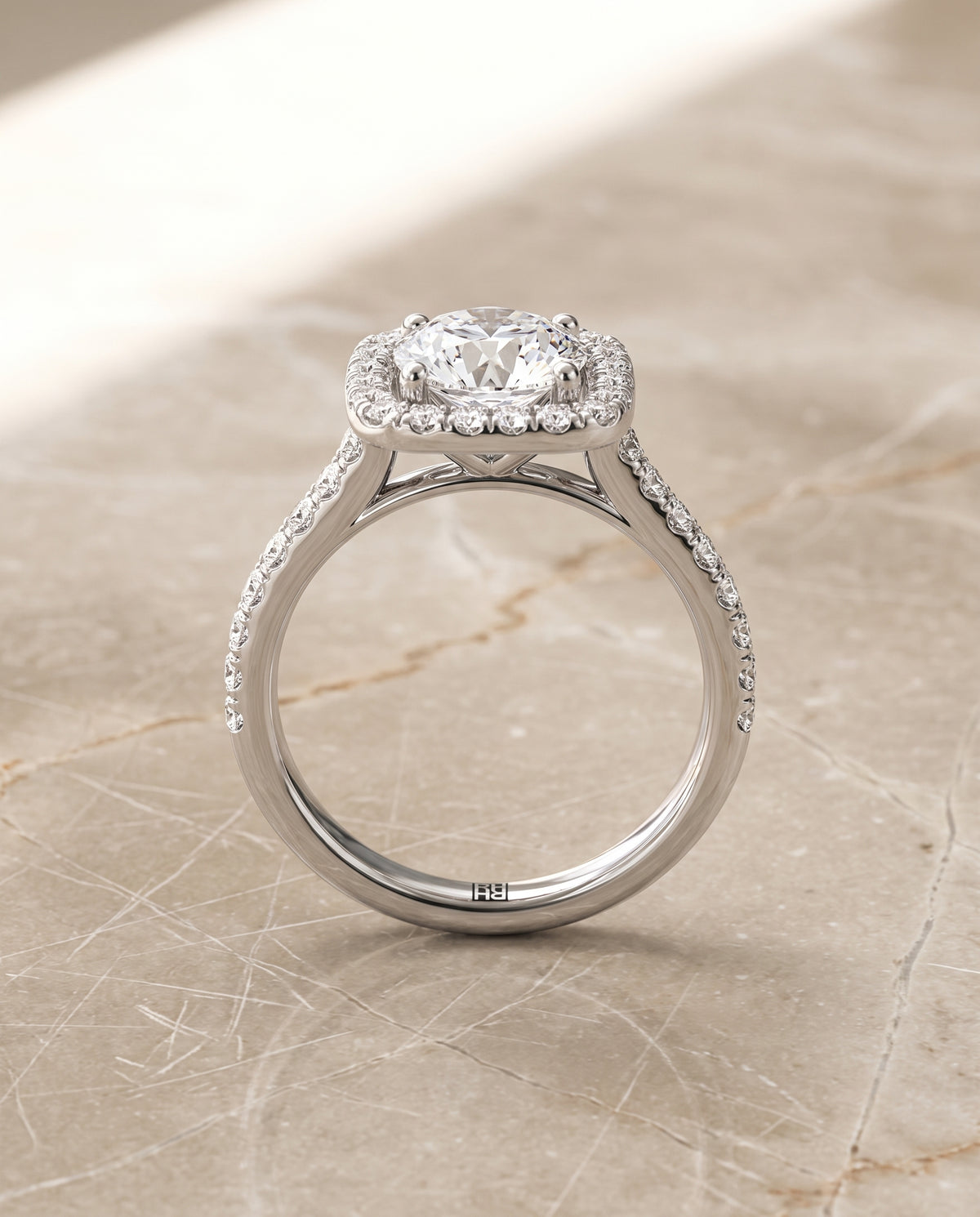 The Adriana Cathedral Pavé Halo Round Engagement Ring Setting in Platinum