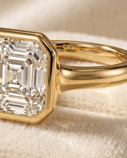 Agnes Select Bezel Solitaire In Asscher Cut Lab Diamond Engagement Ring in 18K Yellow Gold, detail view | RockHer