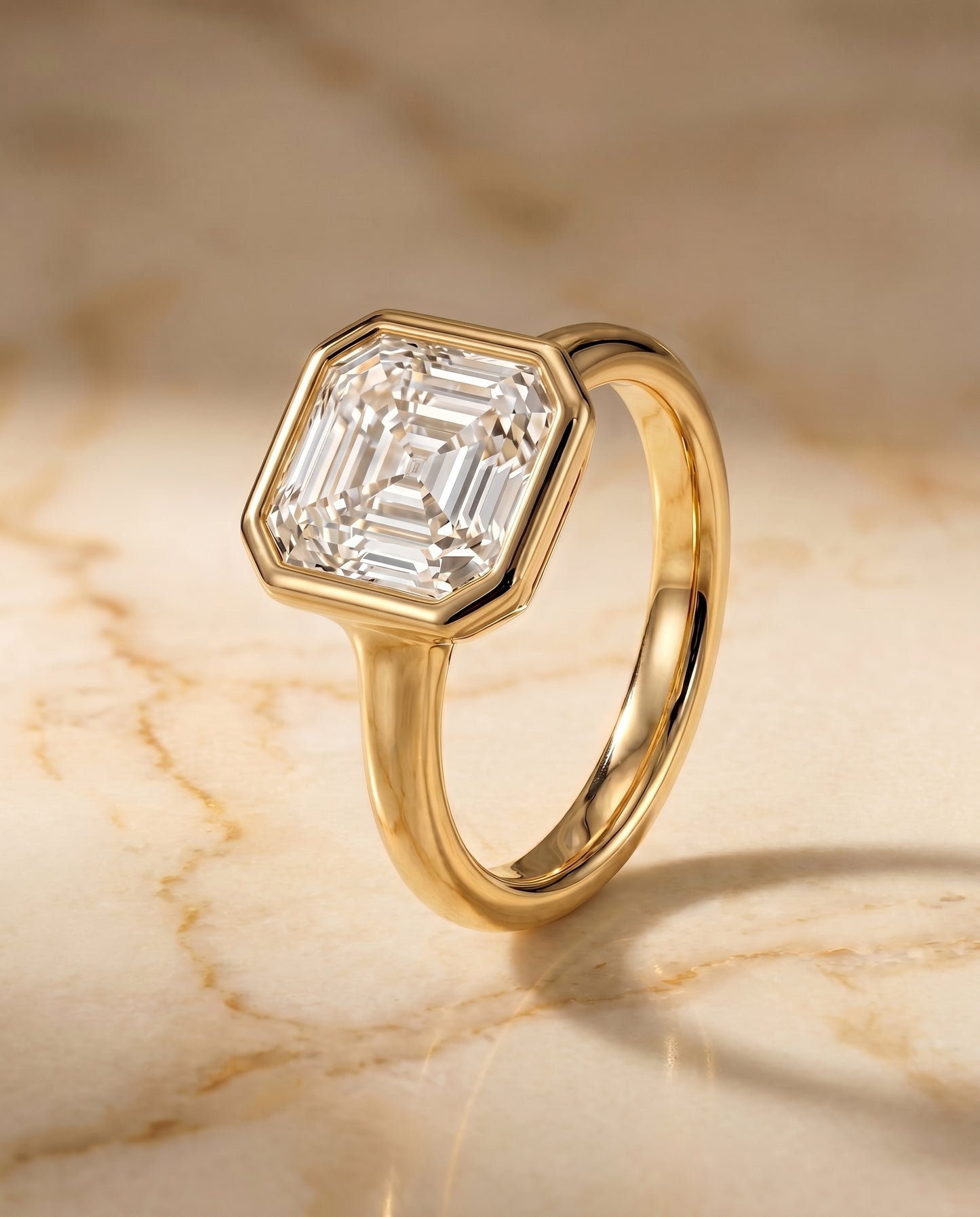The Agnes Bezel Solitaire In Asscher Cut Engagement Ring Setting in 18K Yellow Gold