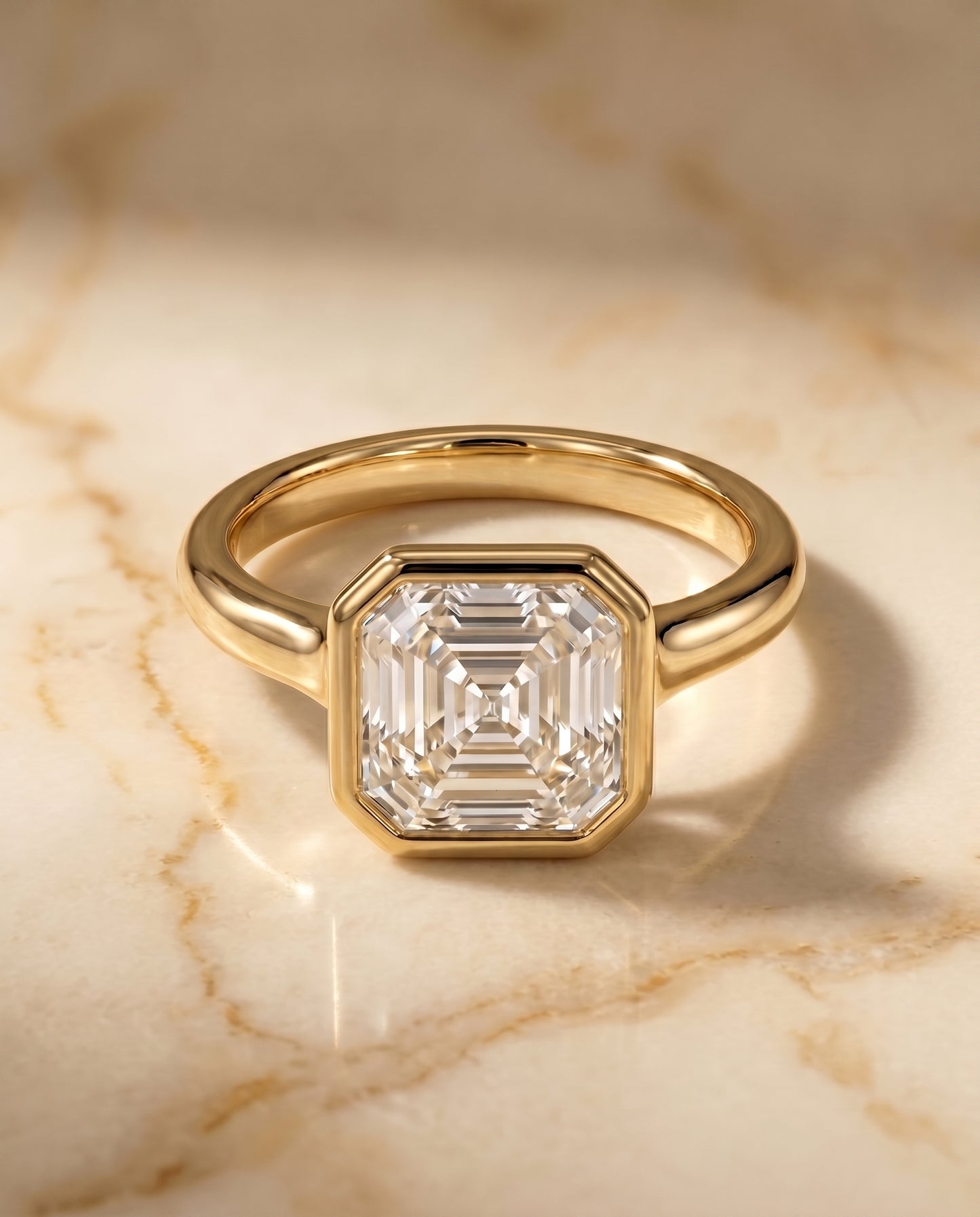 The Agnes Bezel Solitaire In Asscher Cut Engagement Ring Setting in 18K Yellow Gold