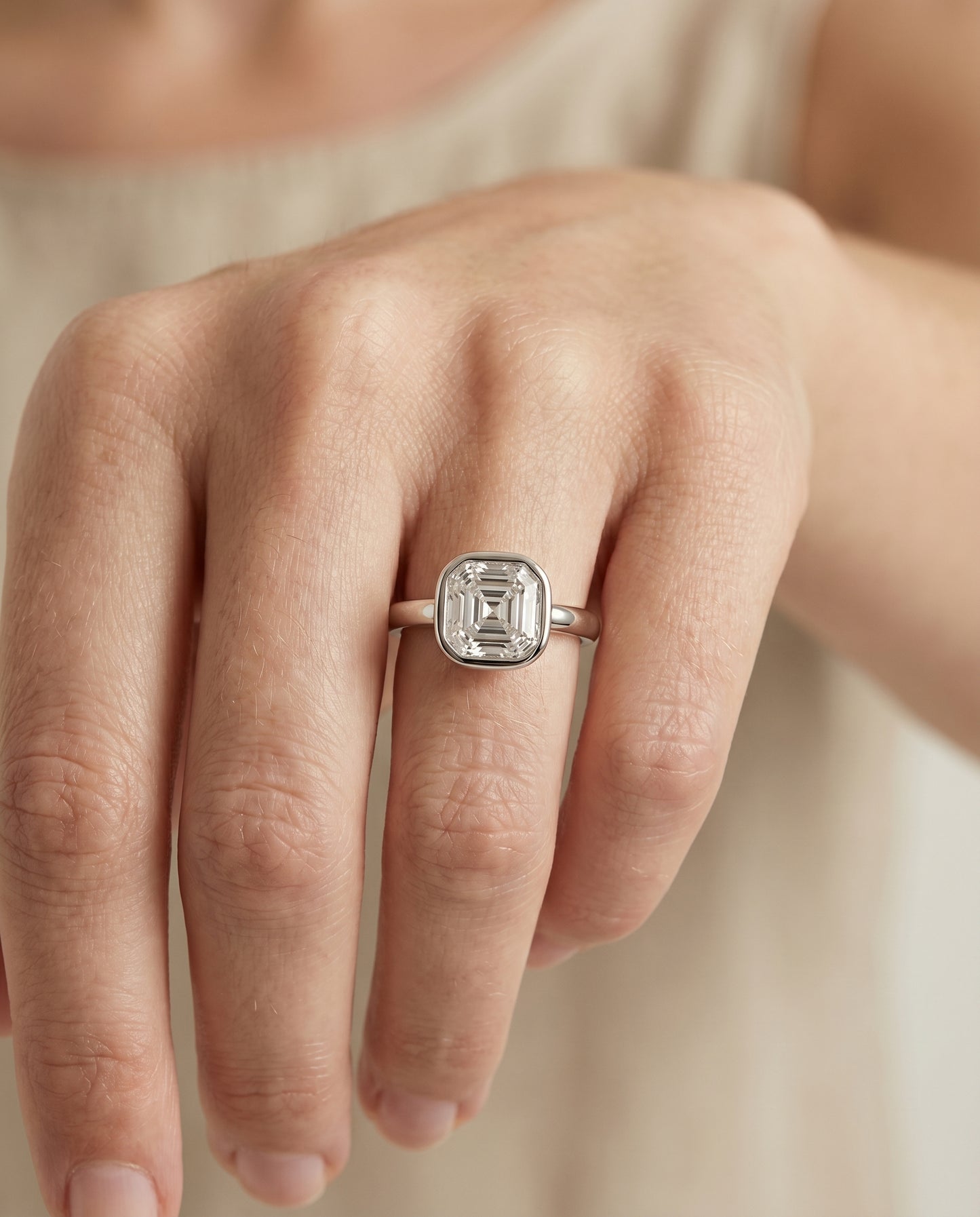 The Agnes Bezel Solitaire In Asscher Cut Engagement Ring Setting in Platinum