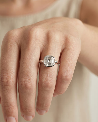 The Agnes Bezel Solitaire In Asscher Cut Engagement Ring Setting in 18K White Gold