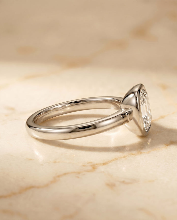 Agnes Select Bezel Solitaire In Asscher Cut Lab Diamond Engagement Ring in 18K White Gold, side view | RockHer