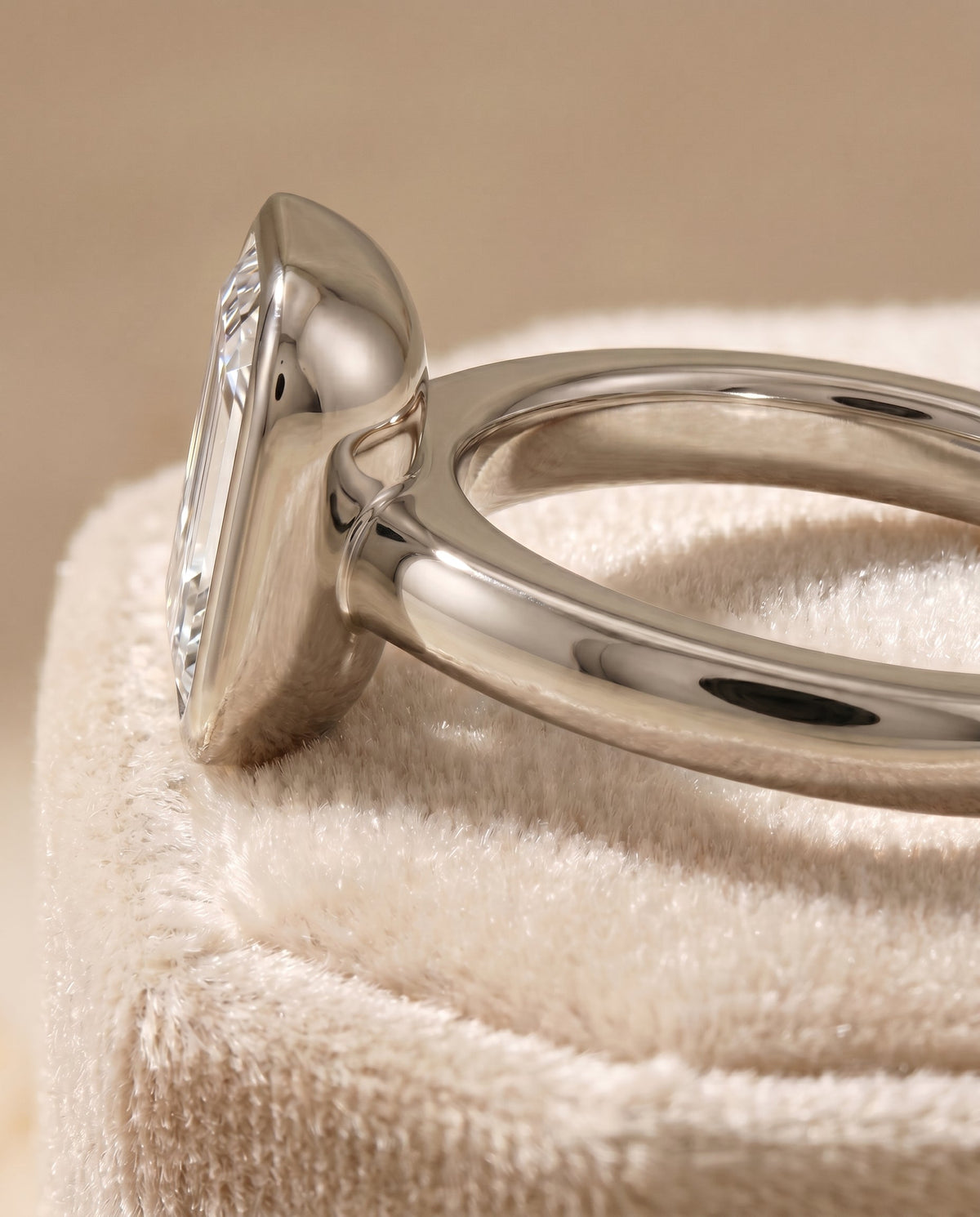 Agnes Select Bezel Solitaire In Emerald Cut Lab Diamond Engagement Ring in 18K White Gold, detail view | RockHer