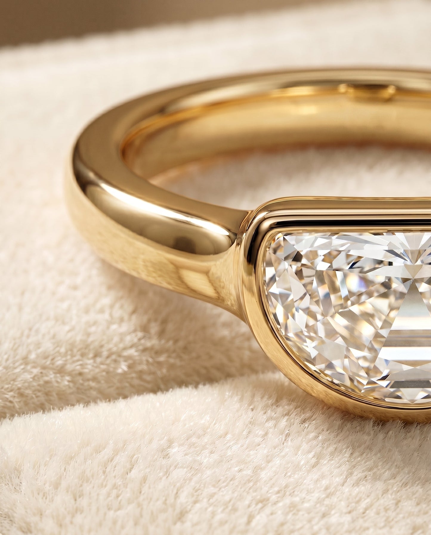 Agnes Select Bezel Solitaire In Half Moon Lab Diamond Engagement Ring in 18K Yellow Gold, detail view | RockHer