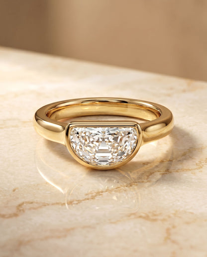 Agnes Select Bezel Solitaire In Half Moon Lab Diamond Engagement Ring in 18K Yellow Gold, shown on hand, angled | RockHer