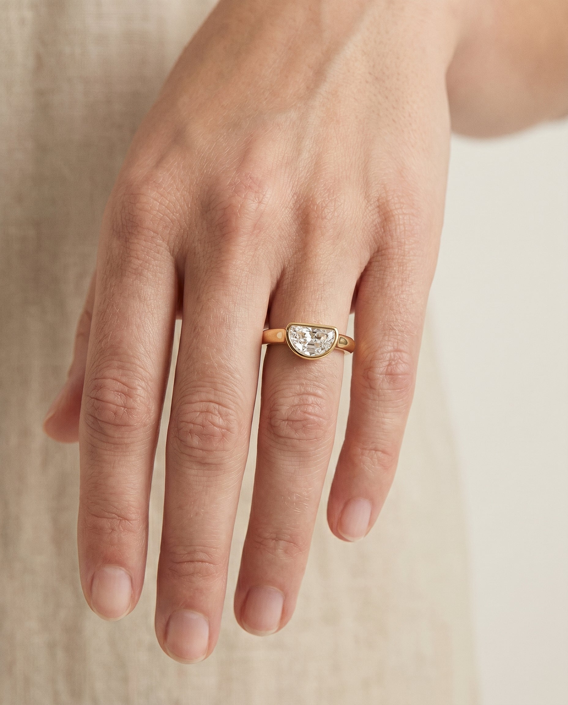 The Agnes engagement ring setting in 18K Yellow Gold, bezel solitaire in half moon design | RockHer