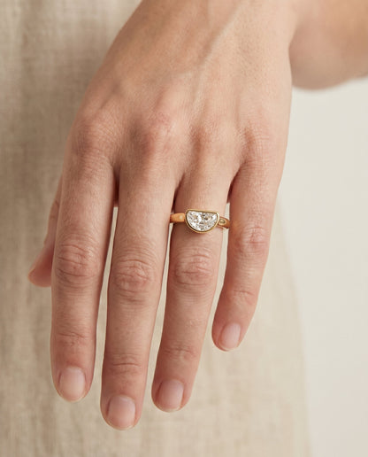 Agnes Select Bezel Solitaire In Half Moon Lab Diamond Engagement Ring in 18K Yellow Gold, shown on hand | RockHer