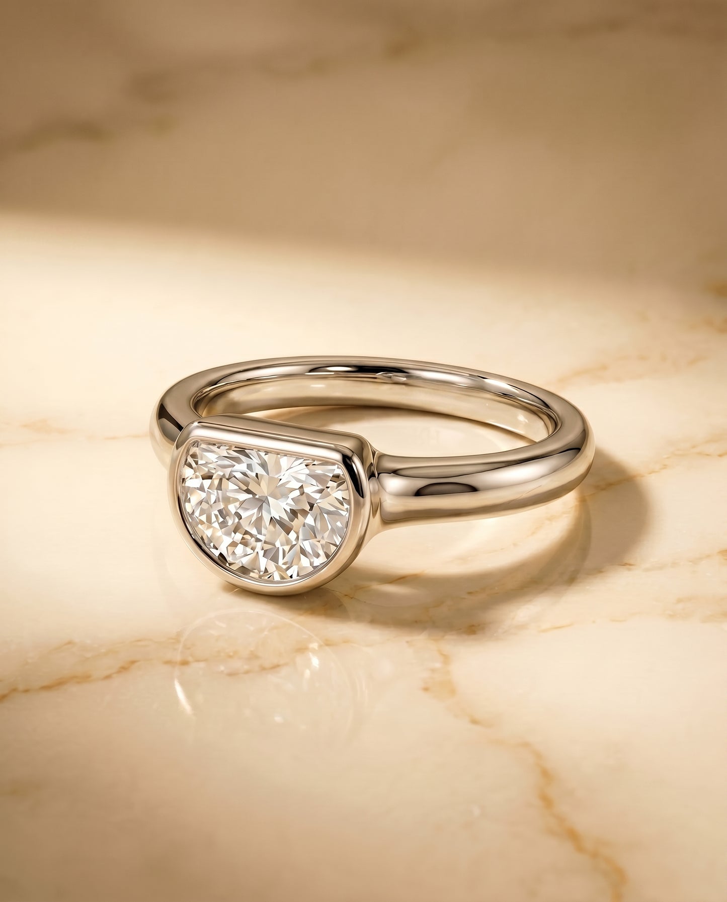 The Agnes Bezel Solitaire In Half Moon Engagement Ring Setting in Platinum