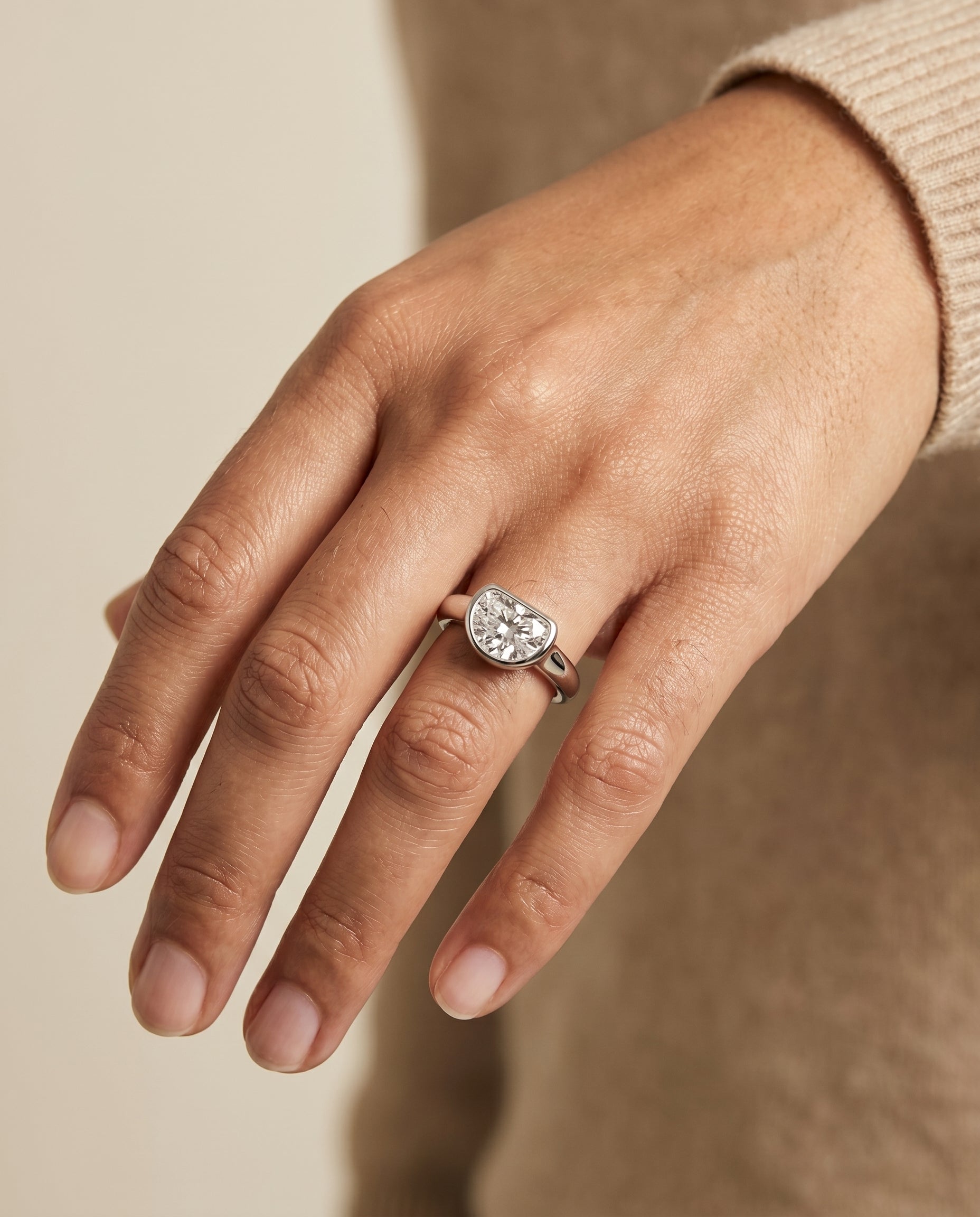 The Agnes engagement ring setting in 18K White Gold, bezel solitaire in half moon design | RockHer