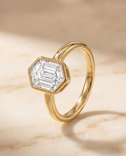 The Agnes Bezel Solitaire In Hexagon Engagement Ring Setting in 18K Yellow Gold