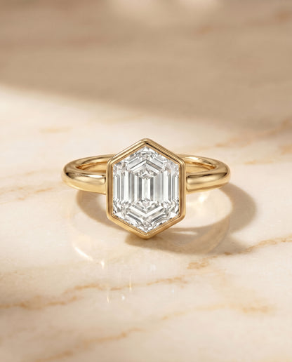 The Agnes Bezel Solitaire In Hexagon Engagement Ring Setting in 18K Yellow Gold