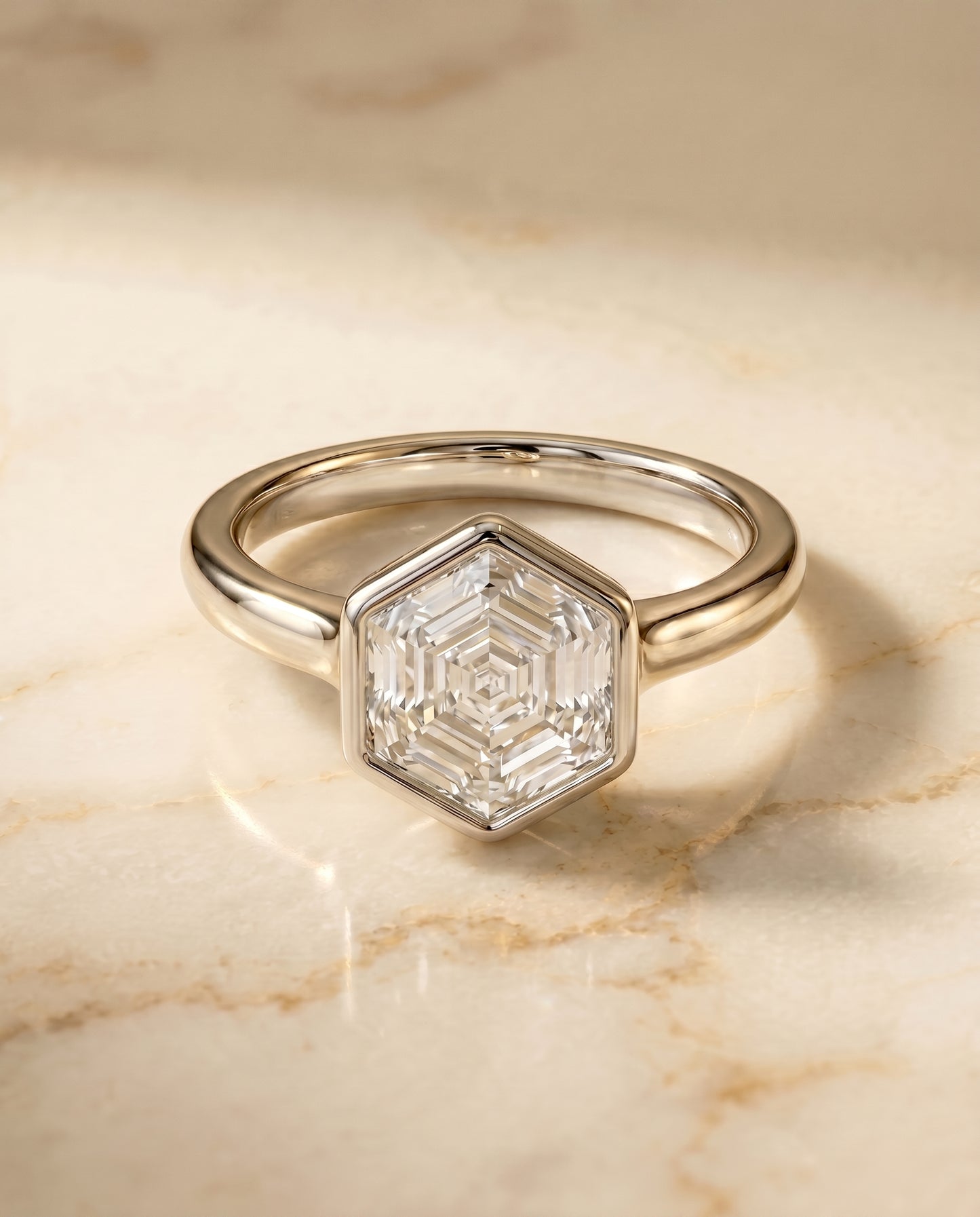 The Agnes Bezel Solitaire In Hexagon Engagement Ring Setting in 18K White Gold