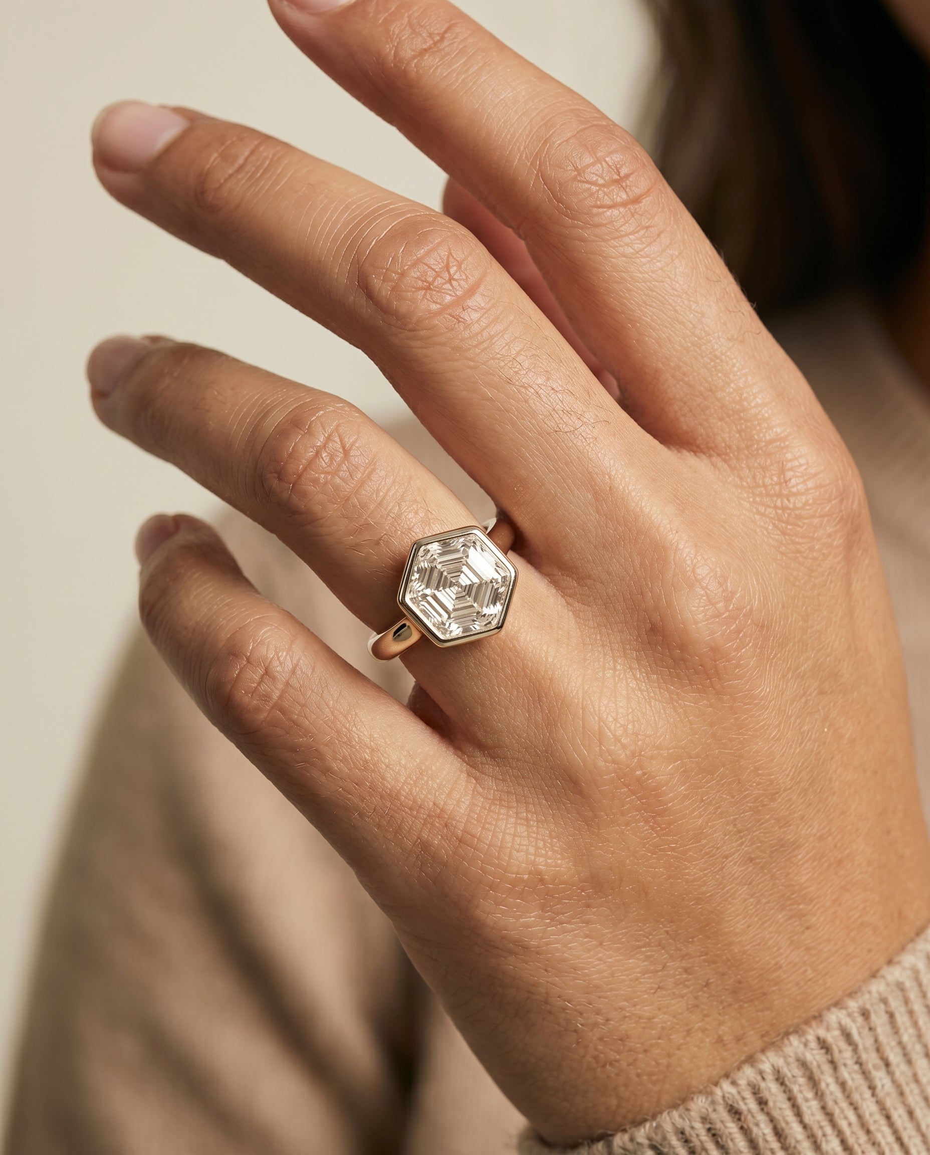 The Agnes engagement ring setting in Platinum, bezel solitaire in hexagon design | RockHer
