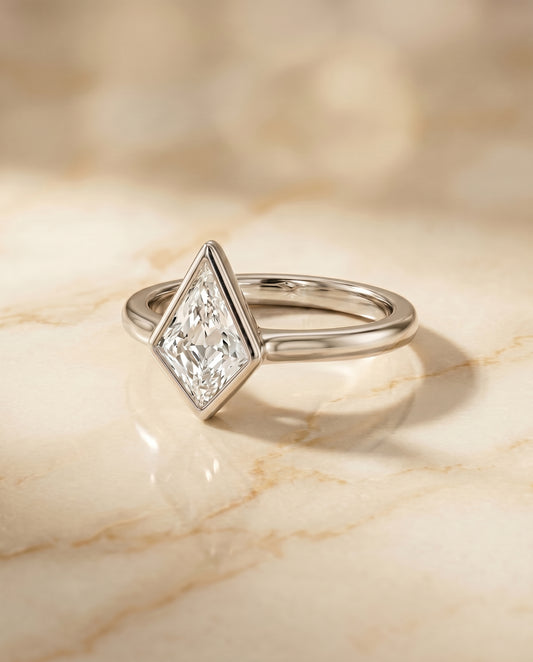 The Agnes Bezel Solitaire In Kite Engagement Ring Setting in 18K White Gold