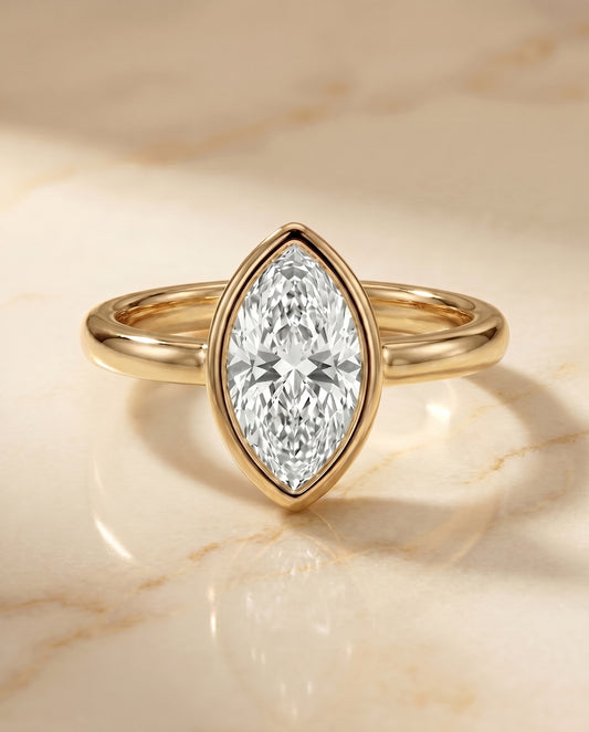 The Agnes Bezel Solitaire Engagement Ring Setting for Marquise Diamonds in 18K Yellow Gold