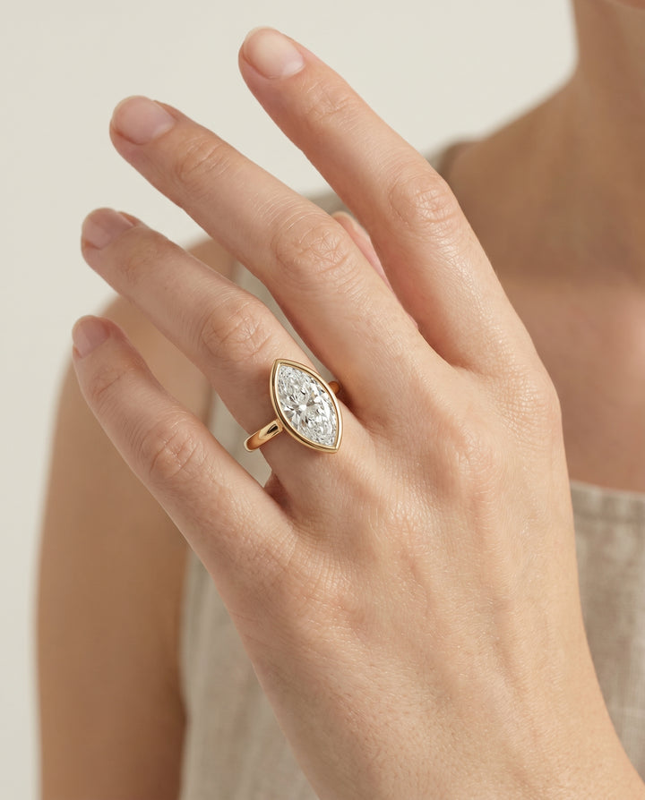 The Agnes Bezel Solitaire In Marquise Engagement Ring Setting in 18K Yellow Gold
