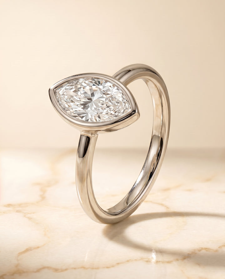The Agnes Bezel Solitaire In Marquise Engagement Ring Setting in 18K White Gold