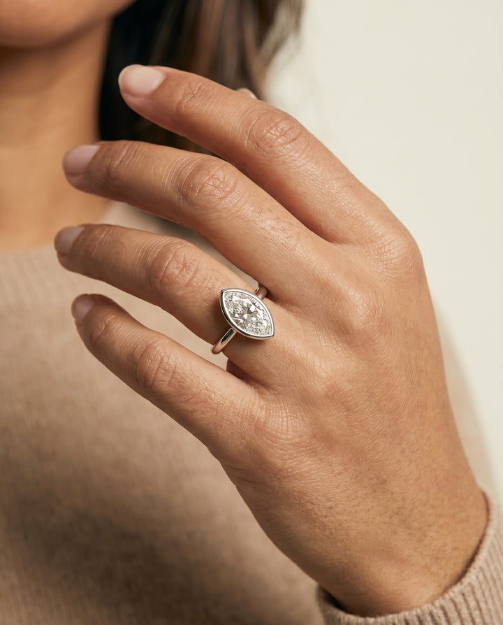 The Agnes Bezel Solitaire In Marquise Engagement Ring Setting in 18K White Gold