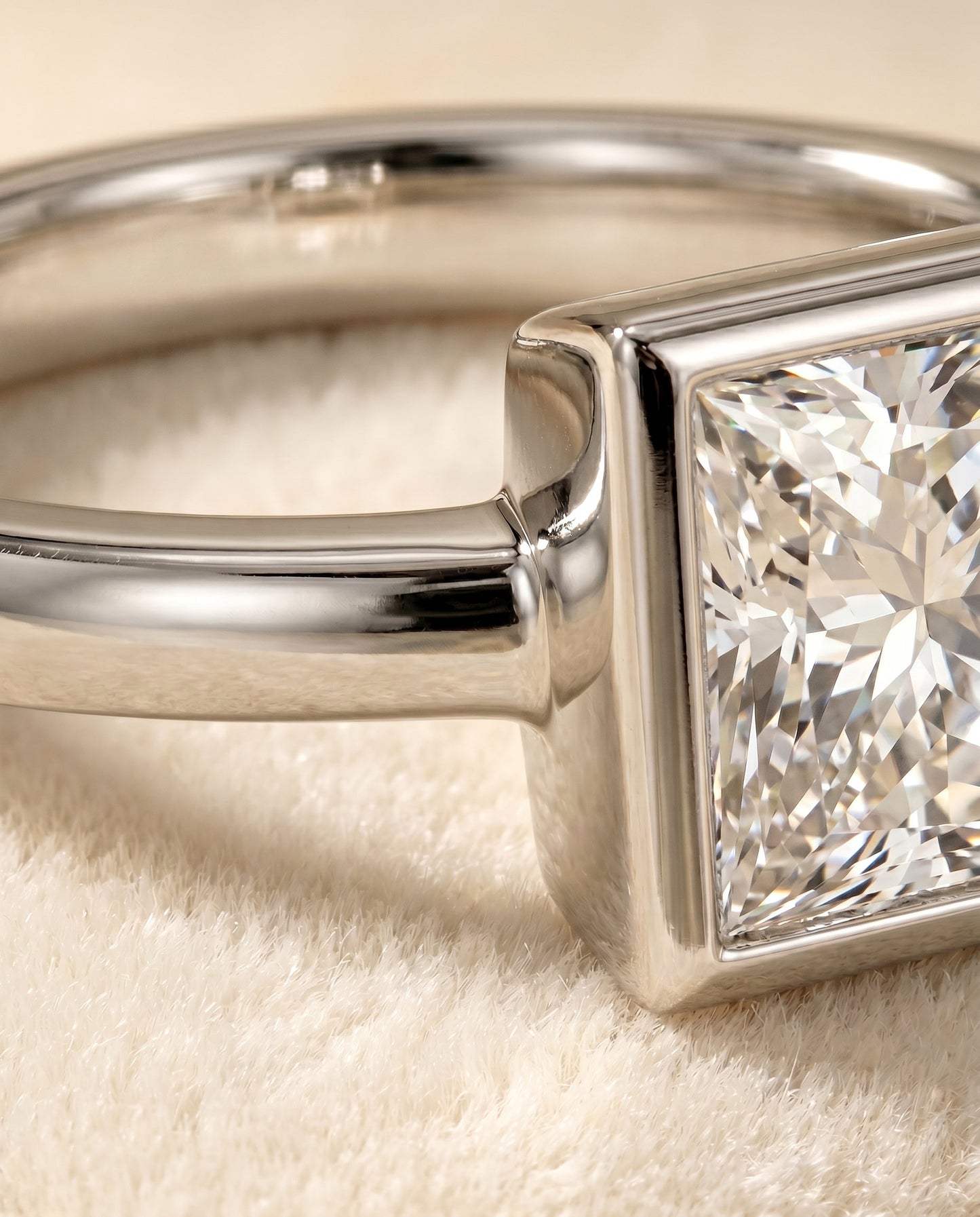 Agnes Select Bezel Solitaire In Princess Cut Lab Diamond Engagement Ring in Platinum, detail view | RockHer